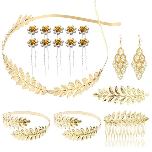 Greek Goddess Costume Accessories 17 Pieces Leaf Headband Earrings Bracelets